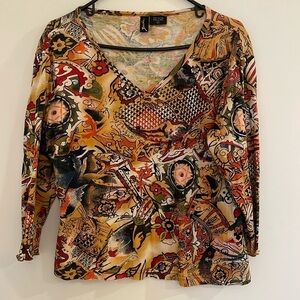 Zashi Y2K Long Sleeve Knit V-Neck Abstract All Over Design Bead Accents L